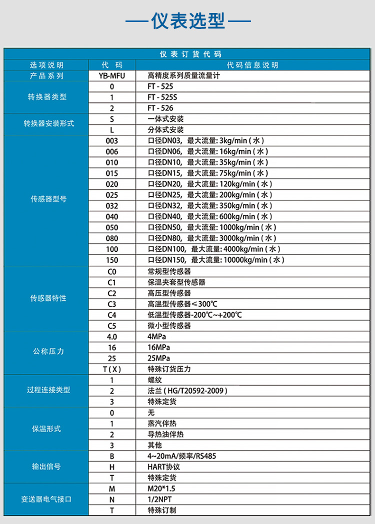 氫氣質(zhì)量流量計(jì)選項(xiàng)表