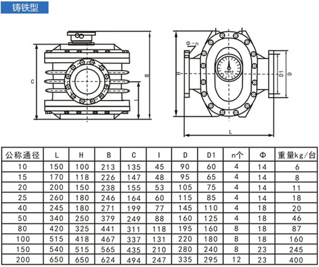 石油流量計(jì)外形尺寸對照表